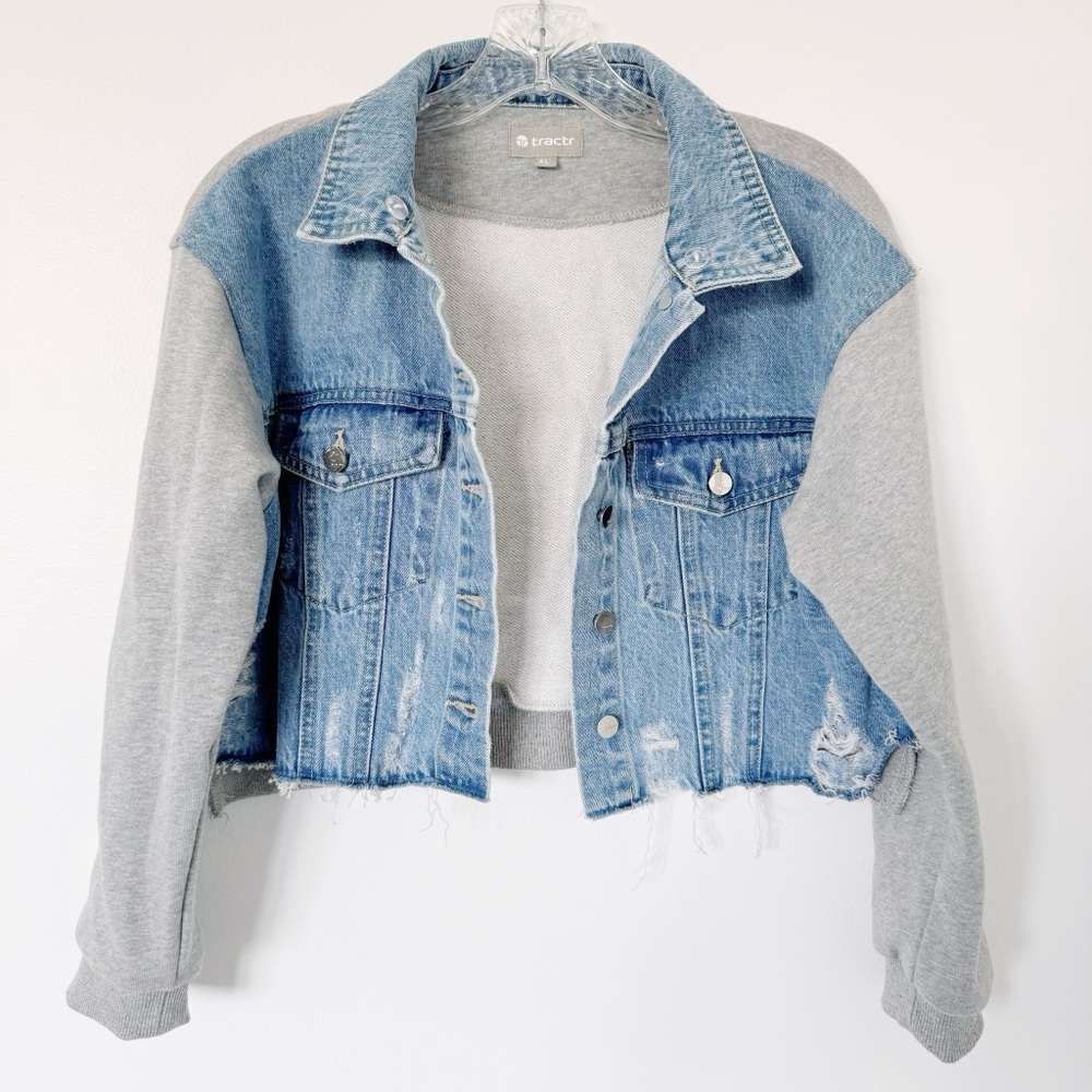 Girls Tractr Denim Jacket with Sweatshirt Sleeves X Large - Picture 2 of 4